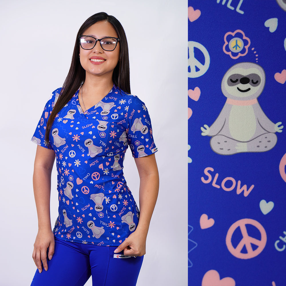 Delantal clínico estampado Ripholia 2541 Perezoso Azul Rey