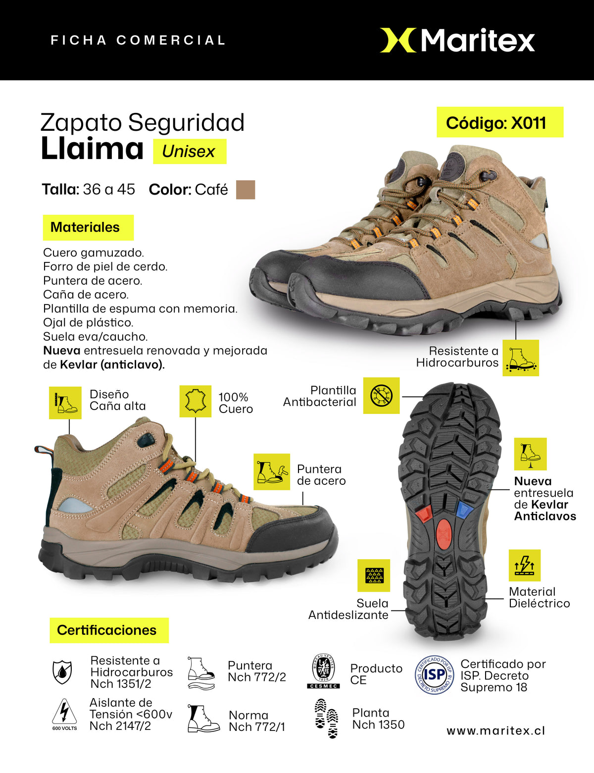 Zapato de Seguridad Llaima X011 Café Maritex