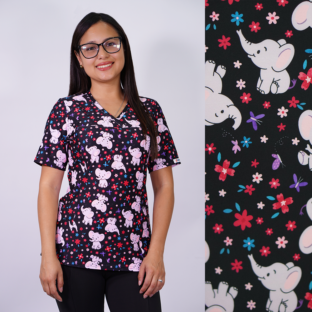 Delantal clínico estampado Ripholia 2535 Elefantes Negro